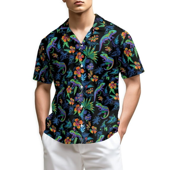 Netecom Colorful Gecko Hawaiian Shirt for Men, Tropical Style, Button Down Summer Beach Short Sleeve, Sizes S-5XL