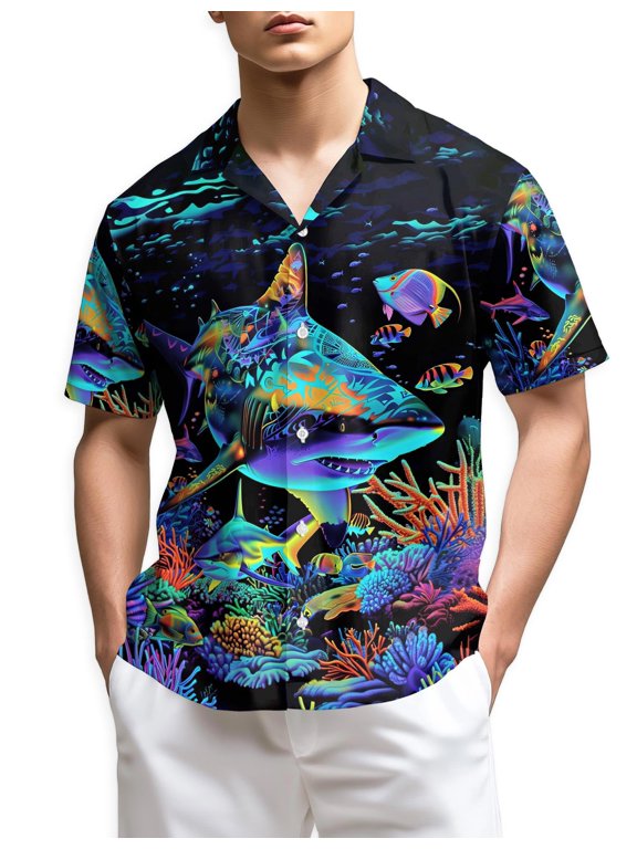 Colorful Shark Hawaiian Shirt for Men, Ocean Style, Button Down Summer Beach Short Sleeve, S-5XL