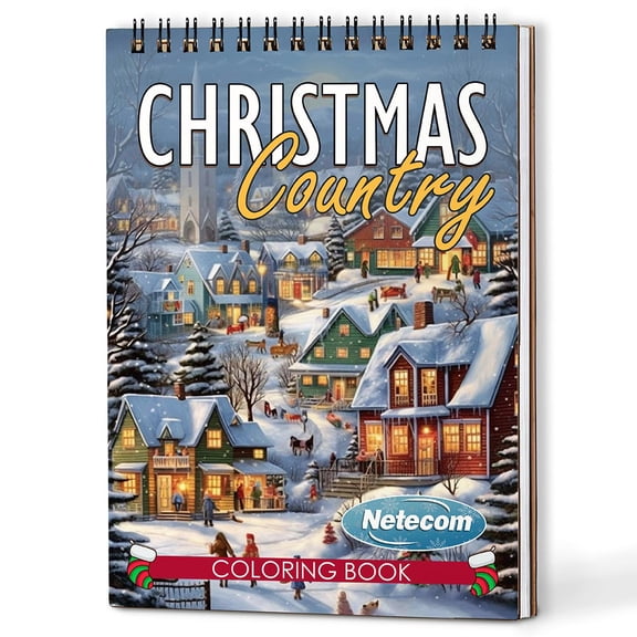 Netecom Country Christmas Coloring Book Spiral Bound for Adults, A5 Wooden Cover, 30 Charming Coloring Pages of Winter Day for Stress Relief and Relaxation
