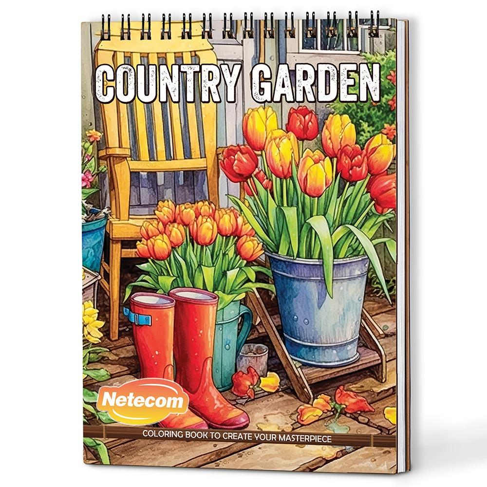 Netecom Country Garden Coloring Book Spiral Bound for Adults, A5 Wooden Cover, 30 Charming Garden Coloring Pages of Country Scenes for Stress Relief and Relaxation