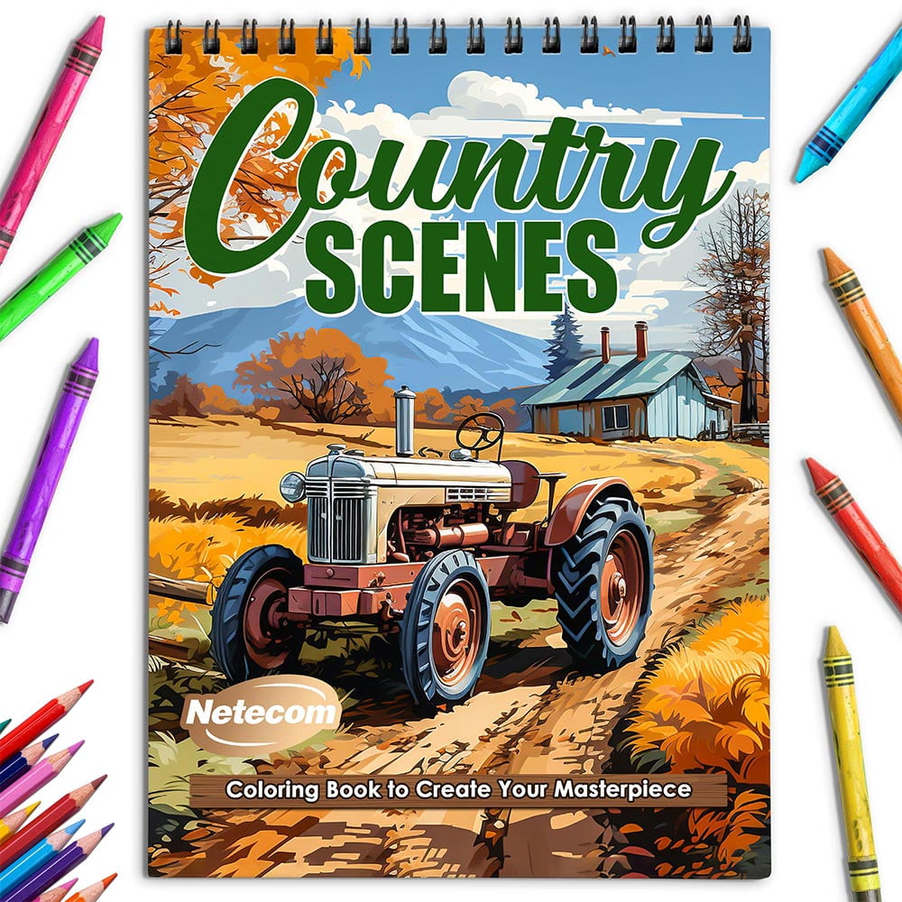 Netecom Country Scenes Coloring Book for Adults, Spiral Bound, Soft Cover