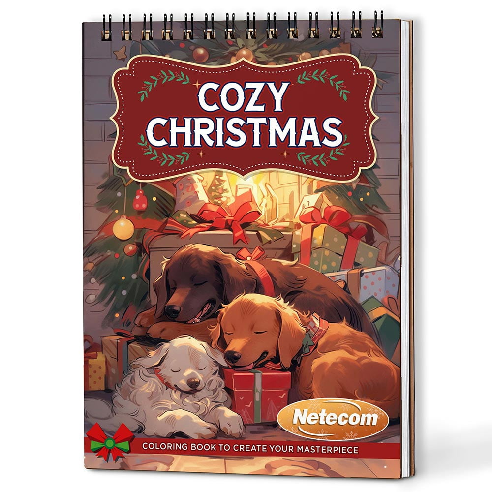 Netecom Cozy Christmas Coloring Book Spiral Bound for Adults, A5 Wooden Cover, 30 Charming Coloring Pages of Xmas Holiday Day for Stress Relief and Relaxation