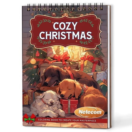 Netecom Cozy Christmas Coloring Book Spiral Bound for Adults, A5 Wooden Cover, 30 Charming Coloring Pages of Xmas Holiday Day for Stress Relief and Relaxation