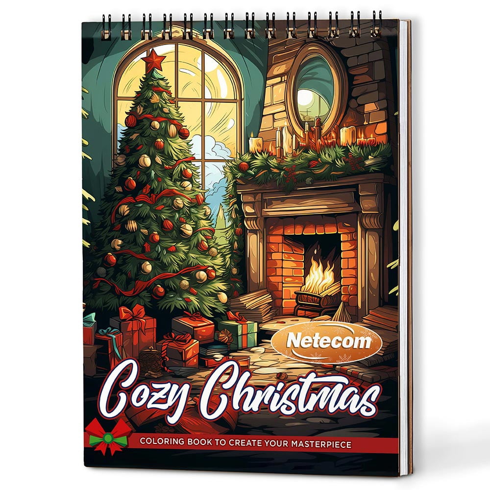 Netecom Cozy Christmas Coloring Book Spiral Bound for Adults, A5 Wooden Cover, 30 Heartwarming Coloring Pages of Festive Fireplaces in Xmas Day for Stress Relief and Relaxation