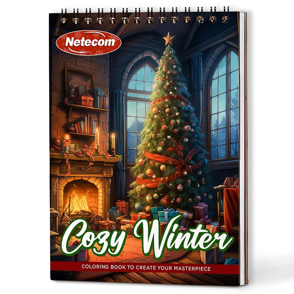 Netecom Cozy Winter Coloring Book Spiral Bound for Adults, A5 Wooden Cover, 30 Beautiful Coloring Pages of Warm Holiday for Stress Relief and Relaxation