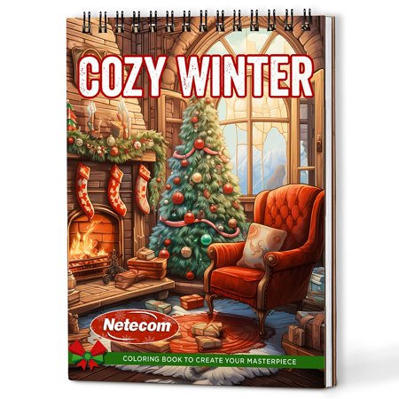 Netecom Cozy Winter Coloring Book Spiral Bound for Adults, A5 Wooden Cover, 30 Heartwarming Coloring Pages of Festive Holiday Scenes for Stress Relief and Relaxation