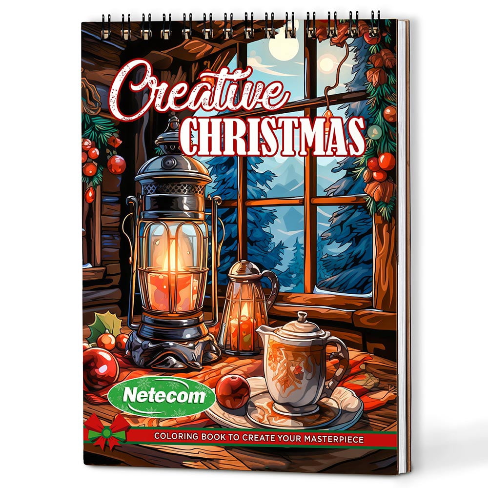 Netecom Creative Christmas Coloring Book Spiral Bound for Adults, A5 Wooden Cover, 30 Delightful Coloring Pages of Holiday Scenes for Stress Relief and Relaxation