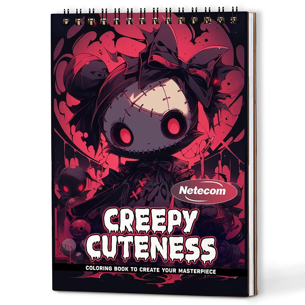 Netecom Creepy Cuteness Coloring Book Spiral Bound For Adults, A5 Wooden Cover, 30 Whimsical Coloring Pages of Adorably Spooky Creatures for Stress Relief and Relaxation