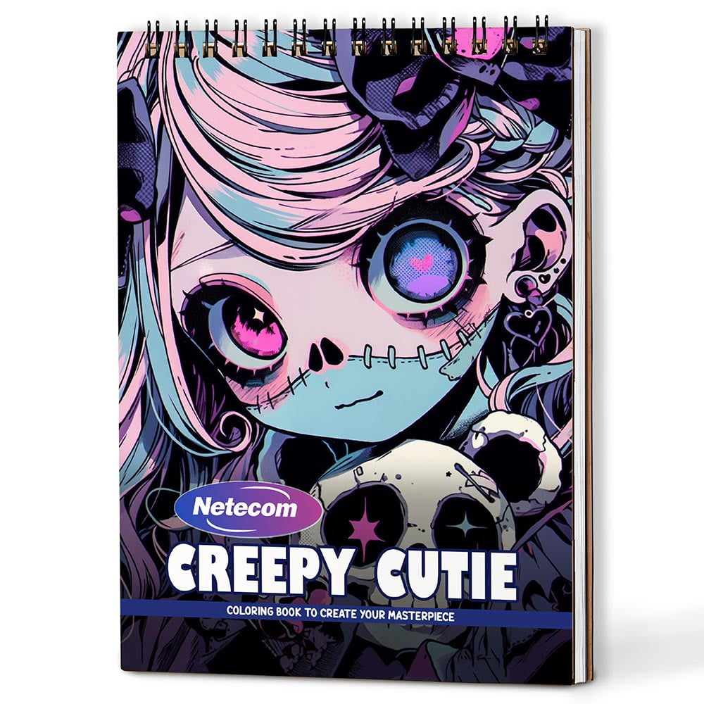 Netecom Creepy Cutie Coloring Book Spiral Bound For Adults, A5 Wooden Cover, 30 Delightful Coloring Pages of Playful Monsters for Stress Relief and Relaxation