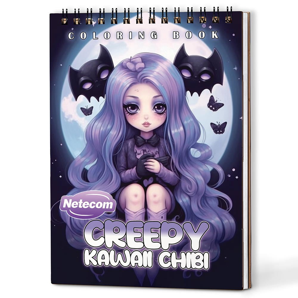 Netecom Creepy Kawaii Chibi Coloring Book Spiral Bound for Adults, A5 Wooden Cover, 30 Cute and Creepy Coloring Pages of Kawaii Nightmares or Stress Relief and Relaxation