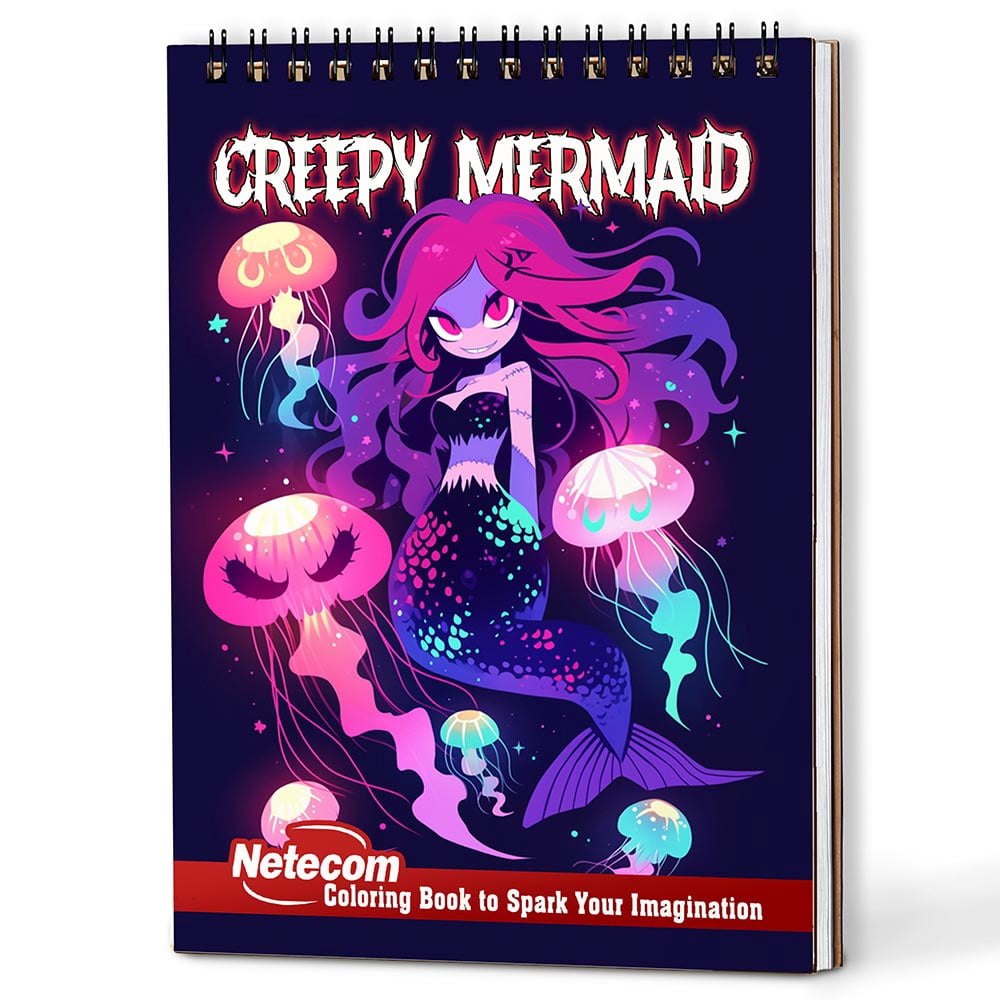 Netecom Creepy Mermaid Coloring Book Spiral Bound for Adults, A5 Wooden Cover, 30 Spooky Coloring Pages of Dark Fantasy Creatures in Ocean Relaxed for Stress Relief and Relaxation