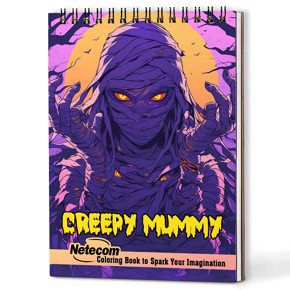 Netecom Creepy Mummy Coloring Book for Adults, A5 Wooden Cover, 30 Spooky Coloring Pages of Ancient Mummies for Stress Relief and Relaxation, Spiral Bound Edition