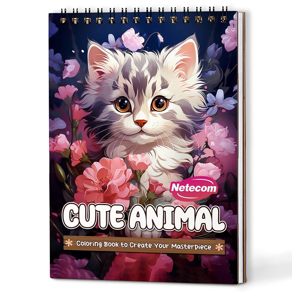 Netecom Cute Animals Coloring Book Spiral Bound for All Ages, A5 Wooden Cover, 30 Adorable Wildlife Coloring Pages in the Forest for Stress Relief and Relaxation