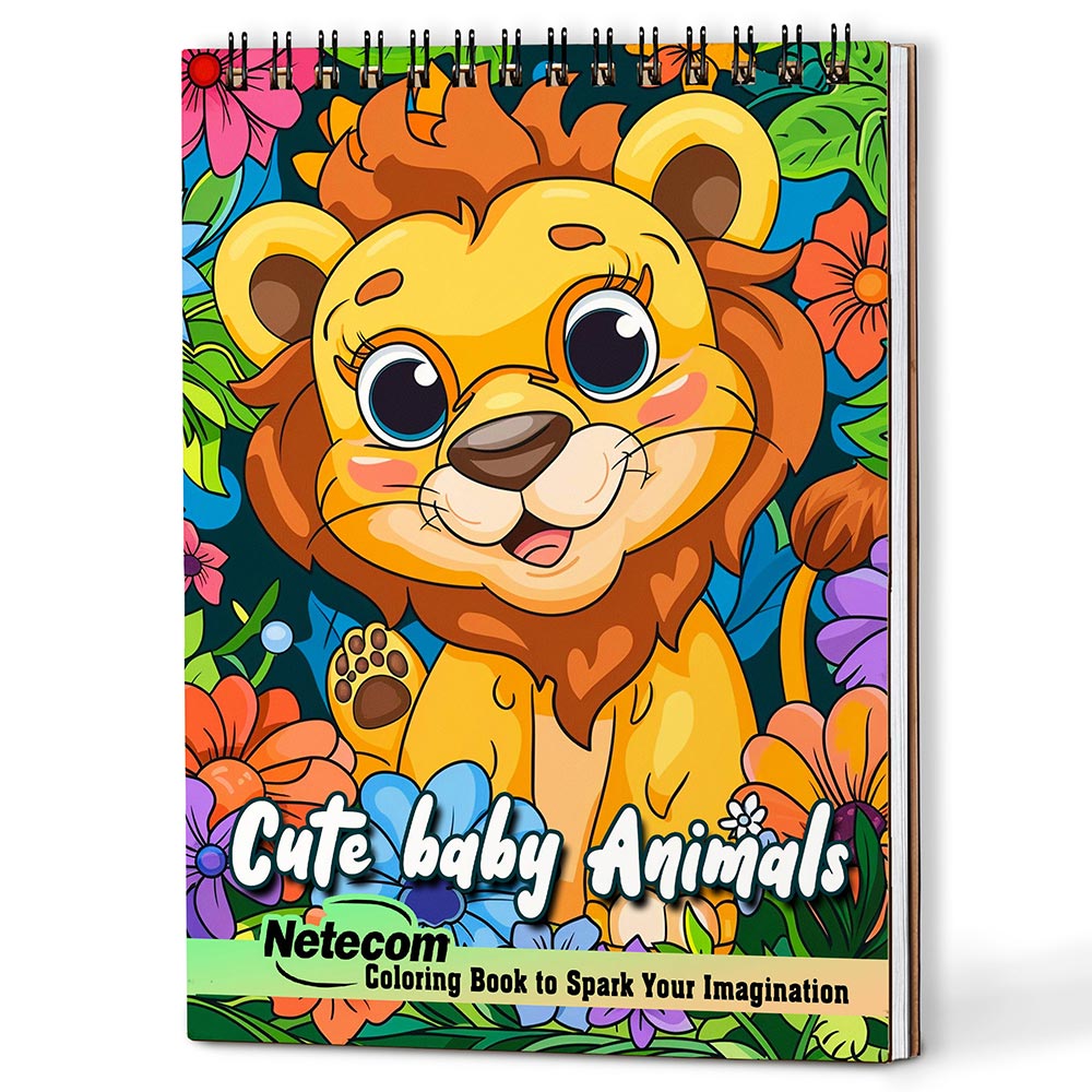 Netecom Cute Baby Animals Coloring Book Spiral Bound for Adults, A5 Wooden Cover, 30 Cuddly Coloring Pages of Forest Animal for Stress Relief and Relaxation, Spiral Bound Edition