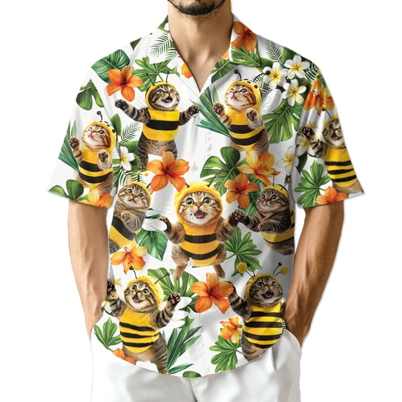 Netecom Cute Cat Bee Hawaiian Shirt for Men, Cat & Bee Lover Gifts, Tropical Button Down Summer Beach Shirts