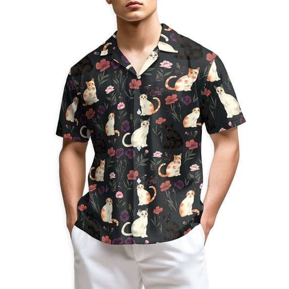 Netecom Cute Cat White Hawaiian Shirt for Men Women, Cat Lover Gifts, Animal Floral Button Down Summer Beach Shirts
