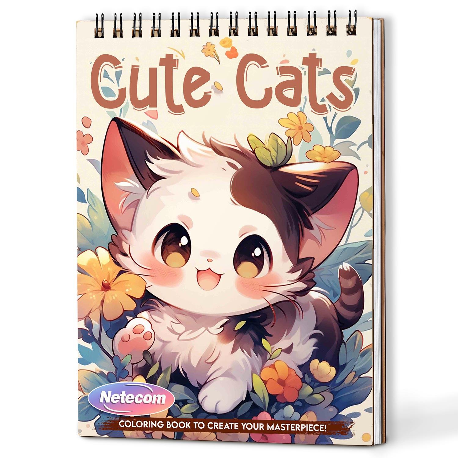 Netecom Cute Cats Spiral Bound Coloring Book for Adults, A5 Wooden Cover, 30 Adorable Coloring Pages of Playful Kittens for Stress Relief and Relaxation