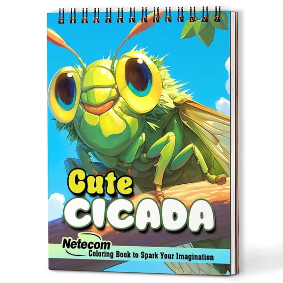 Netecom Cute Cicada Coloring Book for Adults, A5 Wooden Cover, 30 Adorable and Playful Insects Coloring Pages for Stress Relief and Relaxation, Spiral Bound Edition
