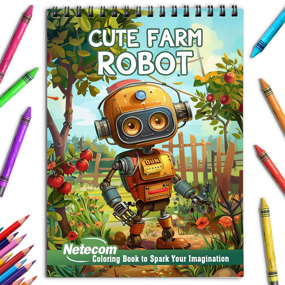 Netecom Cute Farm Robot Coloring Book for Adults, Spiral Bound, Soft Cover