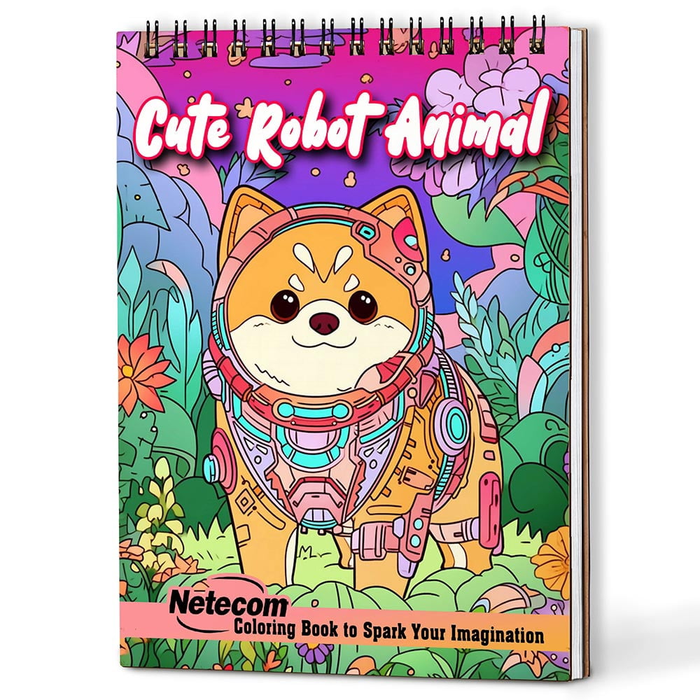 Netecom Cute Robot Animal Coloring Book for Adults, A5 Wooden Cover, Spiral Bound Edition, 30 Adorable Coloring Pages of Robot Animals for Stress Relief and Relaxation