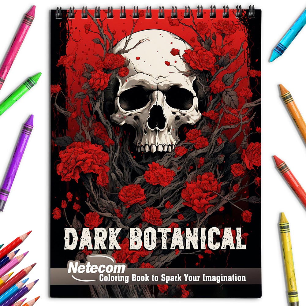 Netecom Dark Botanical Coloring Book for Adults, Spiral Bound, Soft Cover