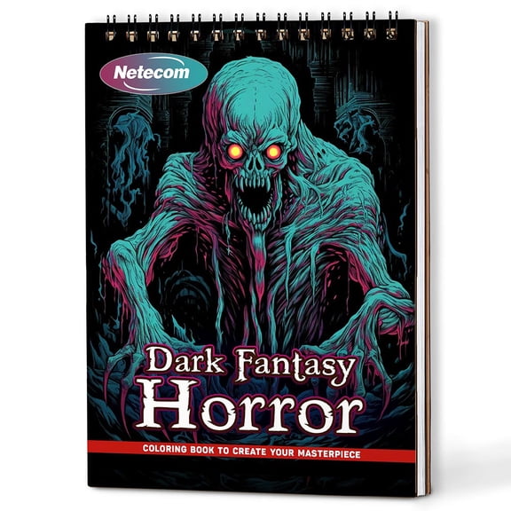 Netecom Dark Fantasy Horror Coloring Book Spiral Bound For Adults, A5 Wooden Cover, 30 Mystical Coloring Pages of Dark Creatures and Enchanted Land for Stress Relief and Relaxation