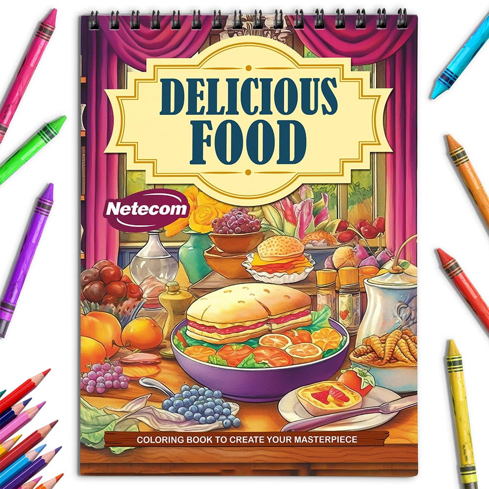 Netecom Delicious Food Coloring Book for Adults, Spiral Bound, Soft Cover