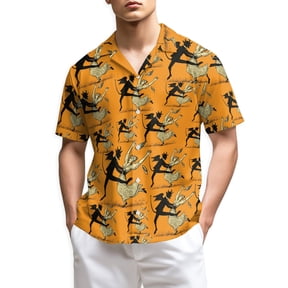 Netecom Devil Dancing With Beauty Halloween Orange Hawaiian Shirt for Men, Vintage Button Down Summer Beach Shirts, S-5XL