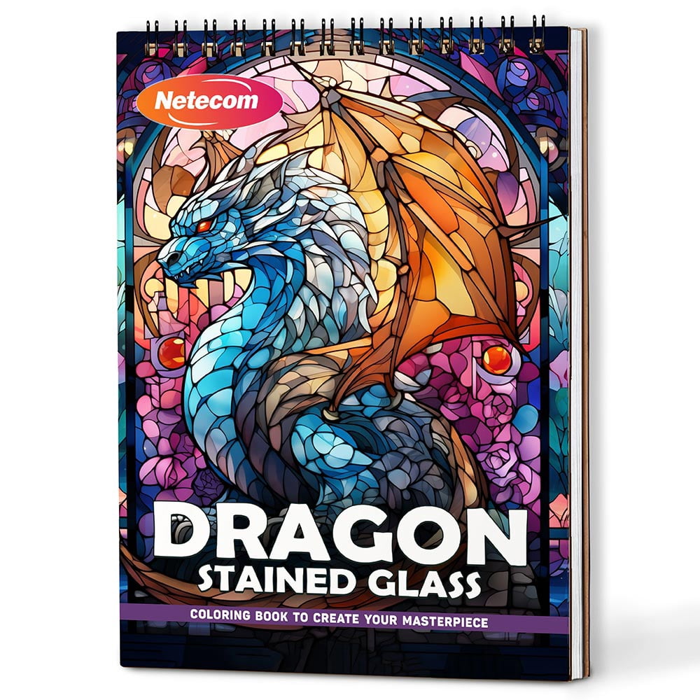Netecom Dragon Stained Glass Coloring Book Spiral Bound For Adults, A5 Wooden Cover, 30 Enchanting Coloring Pages of Majestic Dragons in Stained Glass Patterns for Stress Relief and Relaxation