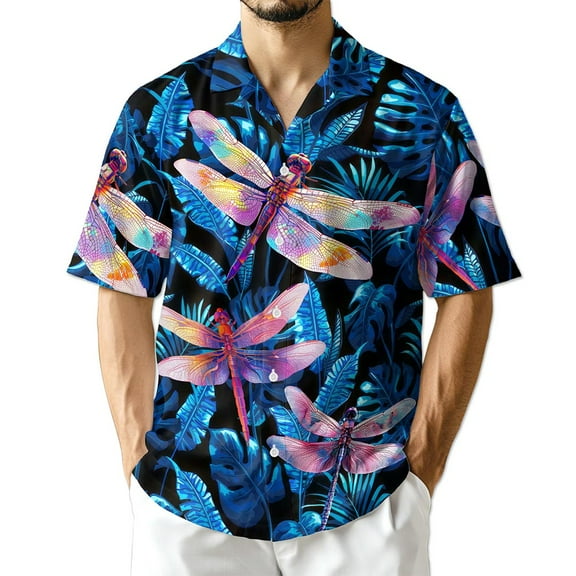 Netecom Dragonfly Blue Hawaiian Shirt for Men, Tropical Style, Animal Button Down Summer Aloha Beach Shirts, S-5XL