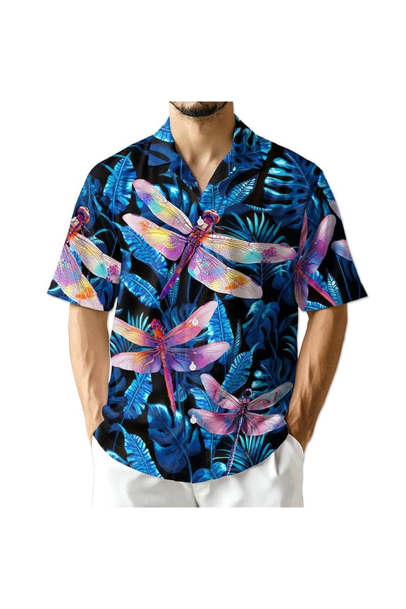 Dragonfly Blue Hawaiian Shirt for Men, Tropical Style, Animal Button Down Summer Aloha Beach Shirts, S-5XL
