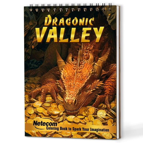 Netecom Dragonic Valley Coloring Book Spiral Bound for Adults, Wooden Cover, 30 Majestic Coloring Pages of Powerful Dragon in Mythical Land for Stress Relief and Relaxation