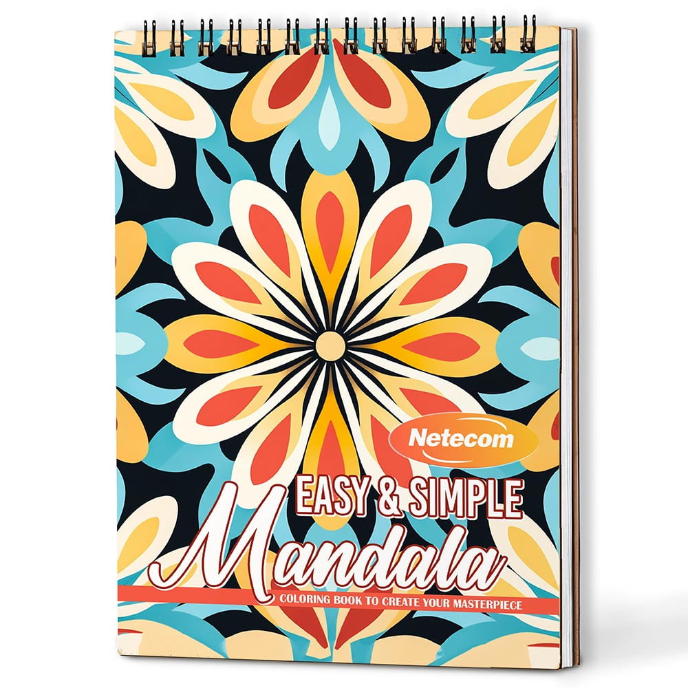 Netecom Easy and Simple Mandala Coloring Book Spiral Bound For Adults, A5 Wooden Cover, 30 Calming Coloring Pages of Minimalist Mandala Designs for Stress Relief and Relaxation