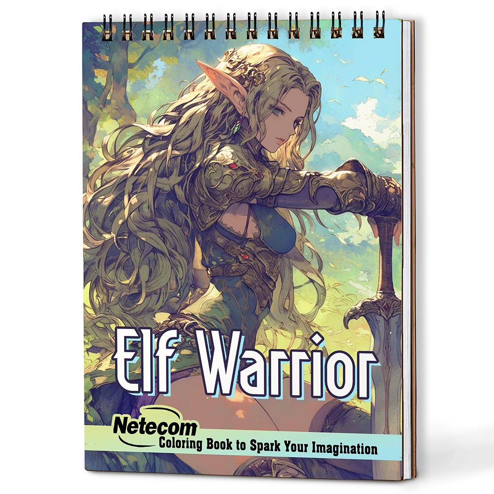 Netecom Elf Warrior Coloring Book for Adults, A5 Wooden Cover, 30 Epic Coloring Pages of Elven Warriors for Stress Relief and Relaxation, Spiral Bound Edition