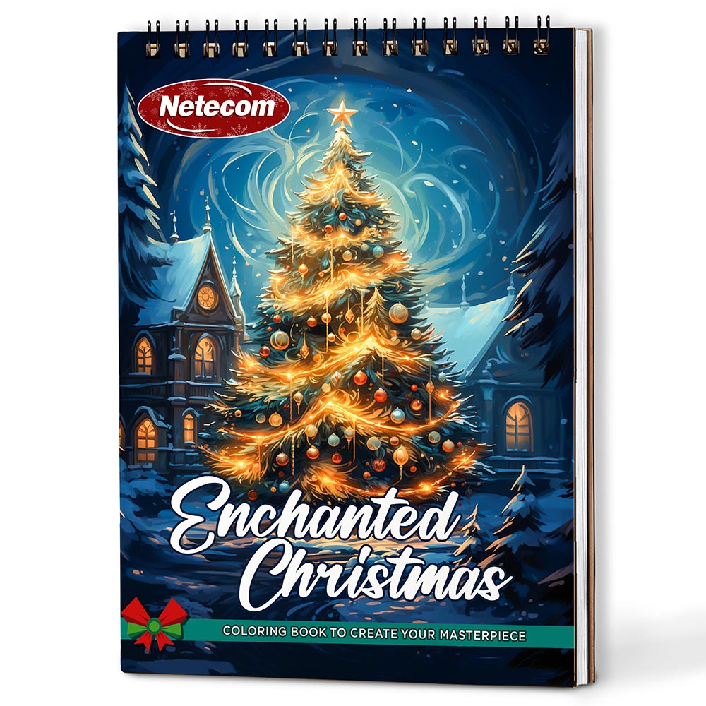 Netecom Enchanted Christmas Coloring Book Spiral Bound for Adults, A5 Wooden Cover, 30 Beautiful Coloring Pages of Mesmerized Christmas Scenes for Stress Relief and Relaxation