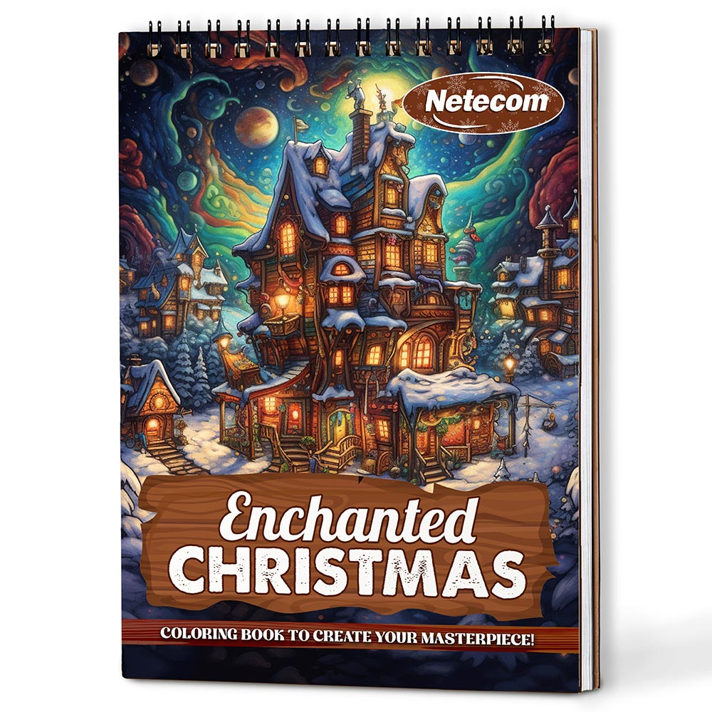 Netecom Enchanted Christmas Coloring Book Spiral Bound for Adults, A5 Wooden Cover, 30 Magical Coloring Pages of Winter Land Scenes for Stress Relief and Relaxation