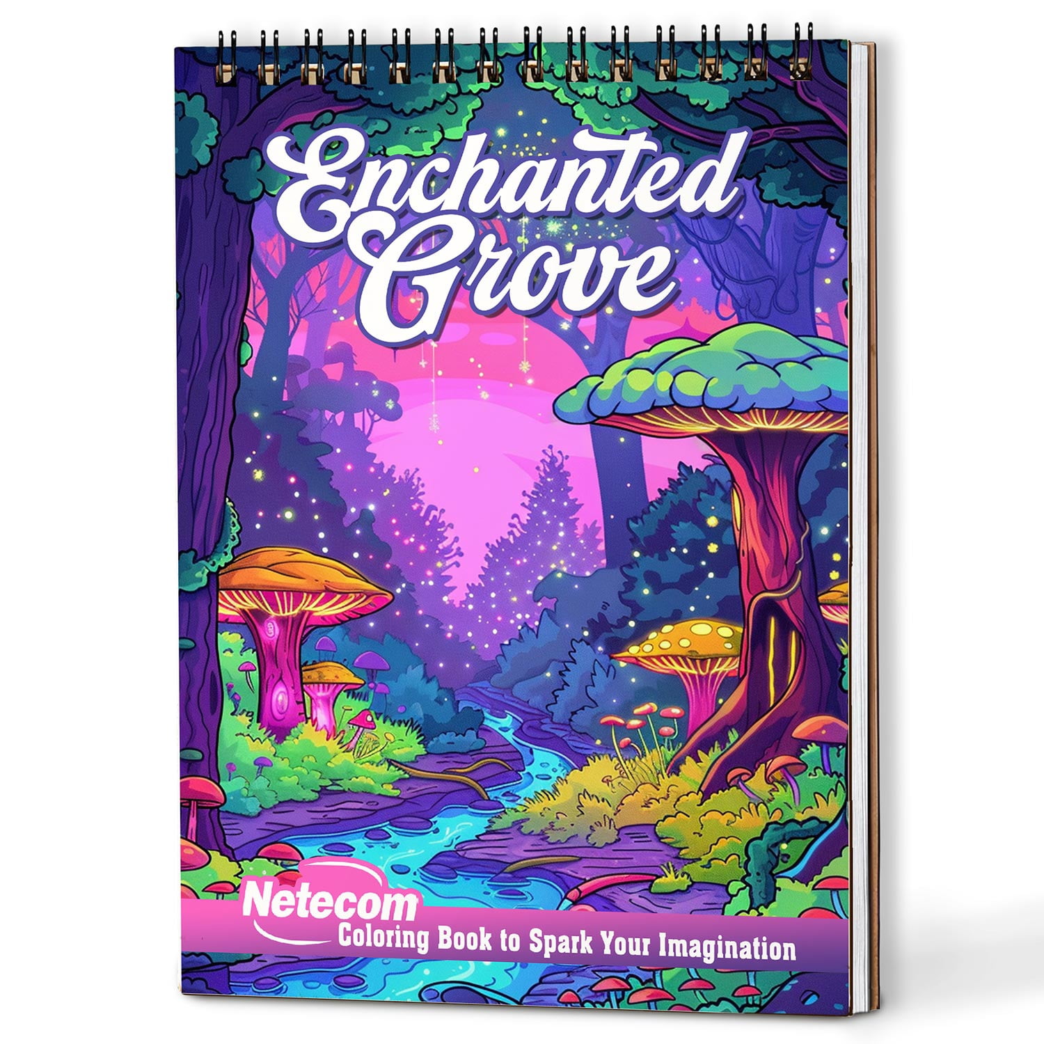 Netecom Enchanted Grove Coloring Book Spiral Bound for Adults, A5 Wooden Cover, 30 Whimsical Coloring Pages of Enchanting Landscapes for Stress Relief and Relaxation