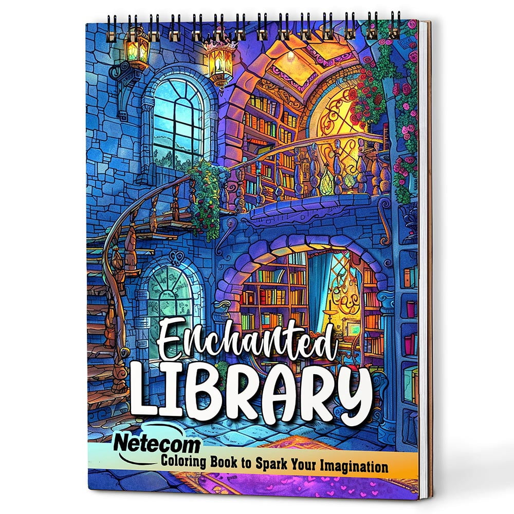 Netecom Enchanted Library Coloring Book for Adults, A5 Wooden Cover, 30 Enchanting Coloring Pages of Mystical Books and Shelves for Stress Relief and Relaxation, Spiral Bound Edition
