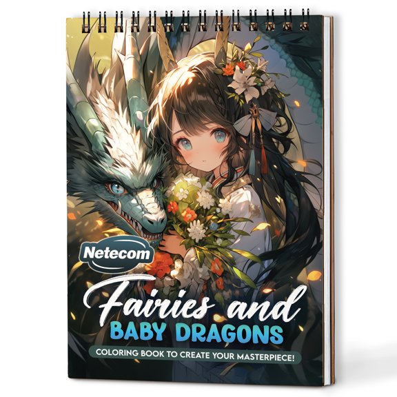 Netecom Fairies and Baby Dragons Coloring Book Spiral Bound for Adults, A5 Wooden Cover, 30 Fantastic Creatures Coloring Pages of Magical Enchantment for Creativity and Relaxation