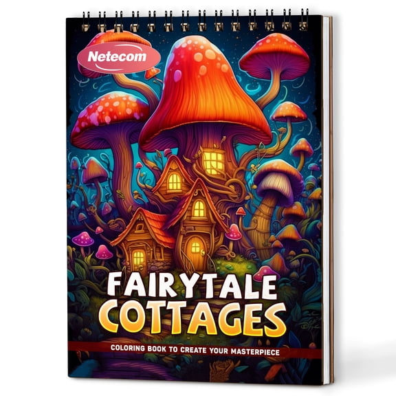Netecom Fairytale Cottages Coloring Book Spiral Bound For Adults, A5 Wooden Cover, 30 Charming Coloring Pages of Enchanted Cottages for Stress Relief and Relaxation