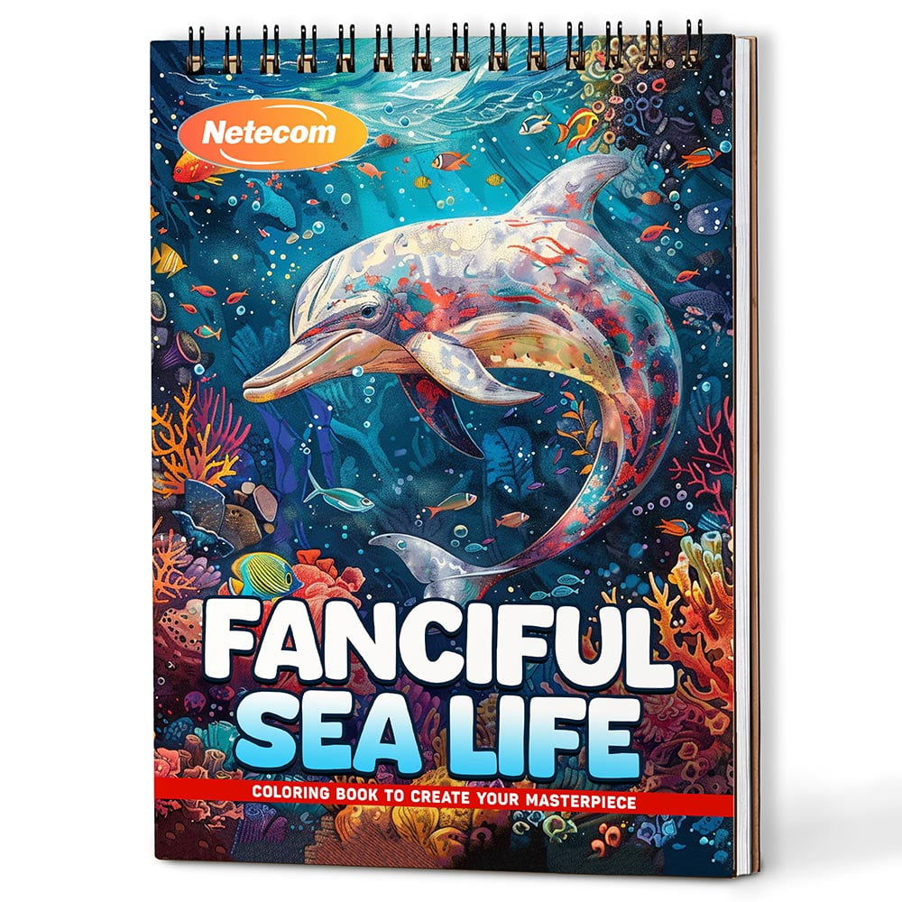 Netecom Fanciful Sea Life Coloring Book Spiral Bound For Adults, A5 Wooden Cover, 30 Beautiful Coloring Pages of Whimsical Aquatic Scenes for Stress Relief and Relaxation