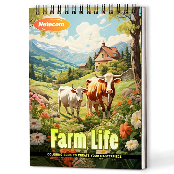 Netecom Farm Life Coloring Book Spiral Bound For Adults, A5 Wooden Cover, 30 Charming Coloring Pages of Rustic Farm Scenes for Stress Relief and Relaxation