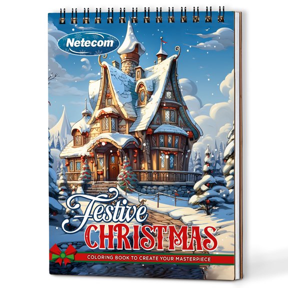Netecom Festive Christmas Coloring Book Spiral Bound for Adults, A5 Wooden Cover, 30 Charming Coloring Pages of Xmas Day for Stress Relief and Relaxation