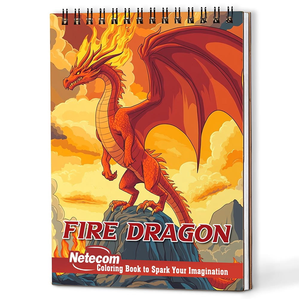 Netecom Fire Dragon Coloring Book Spiral Bound for Adults, A5 Wooden Cover, 30 Majestic Coloring Pages of Mighty Creatures for Stress Relief and Relaxation