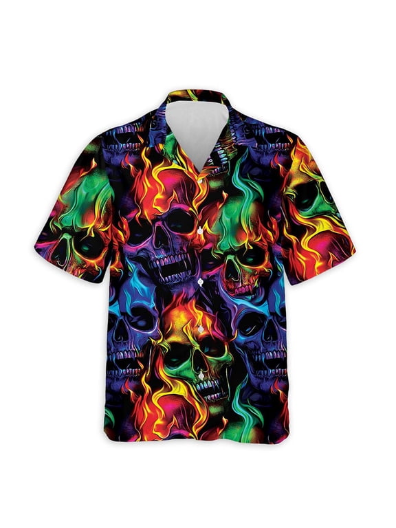 Flame Skull Hawaiian Aloha Shirt for Men, Casual Button Down Summer Beach Short Sleeve, Retro Style, Sizes S-5XL