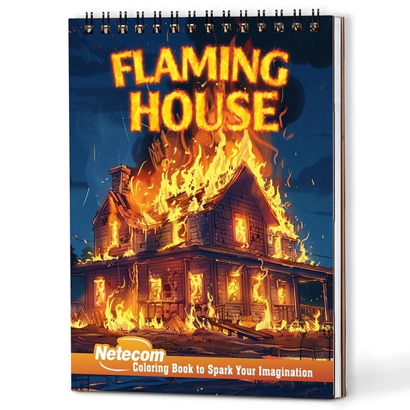Netecom Flaming House Coloring Book Spiral Bound for Adults, A5 Wooden Cover, 30 Exquisite Coloring Pages of House in Fire for Stress Relief and Relaxation
