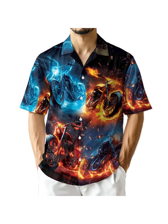 Flaming Motorcycle Hawaiian Shirt for Men, Motorcycle Lover Gifts, Button Down Summer Beach Short Sleeve, S-5XL
