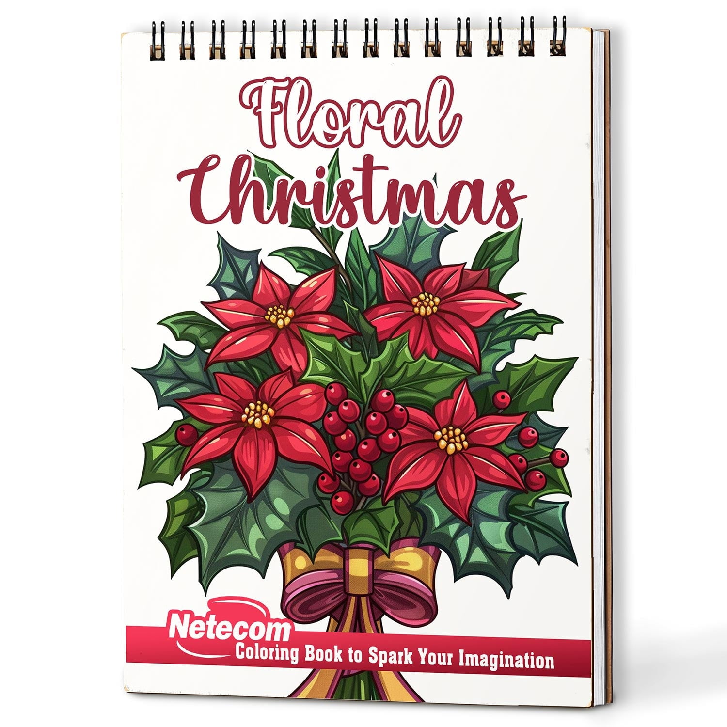 Netecom Floral Christmas Coloring Book Spiral Bound for Adults, A5 Wooden Cover, 30 Beautiful Coloring Pages of Xmas Flowers for Stress Relief and Relaxation