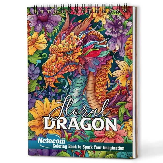 Netecom Floral Dragon Coloring Book Spiral Bound for Adults, A5 Wooden Cover, 30 Majestic Coloring Pages of Dragons with Flower for Stress Relief and Relaxation