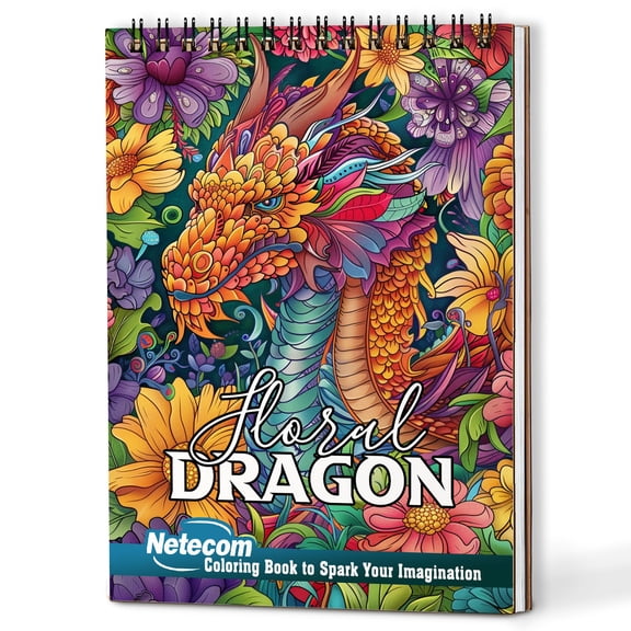 Netecom Floral Dragon Coloring Book Spiral Bound for Adults, Wooden Cover, 30 Majestic Coloring Pages of Dragons with Flower for Stress Relief and Relaxation